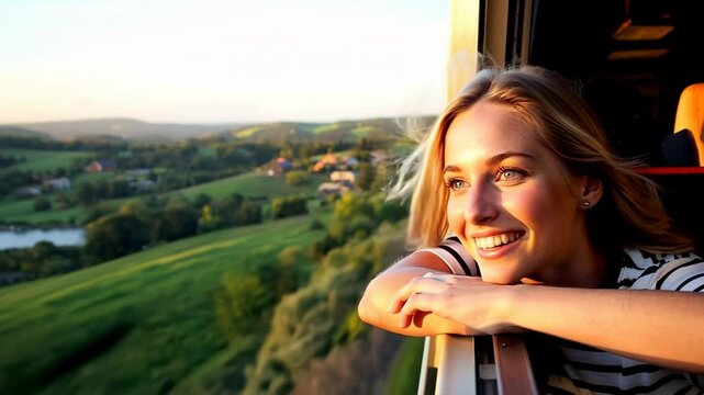 Young woman travel with train and enjoy landscape - Holiday, travel and vacation concept - Model by AI generative 
