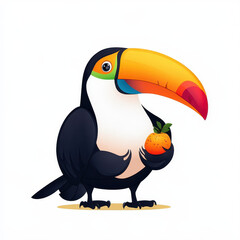 Naklejka premium cartoon toucan with vibrant beak holding orange fruit
