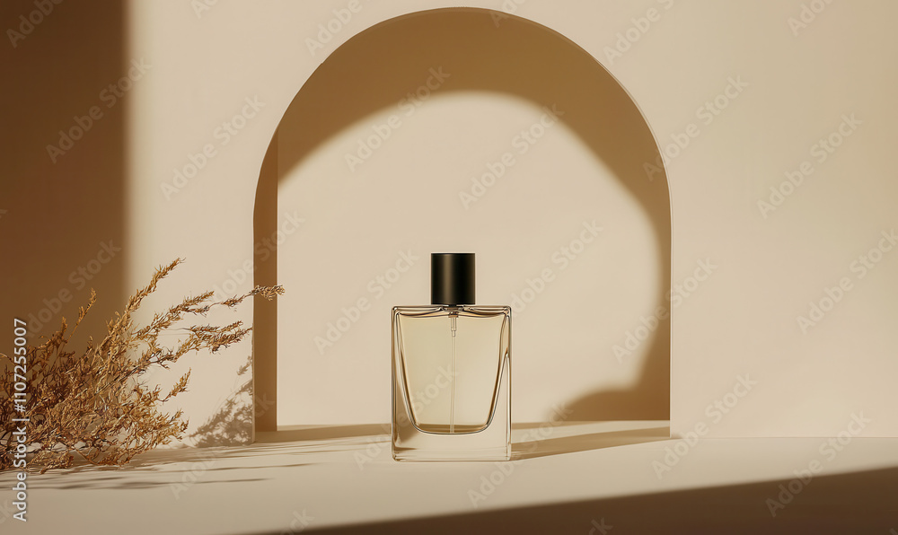 Poster elegant perfume bottle casting shadows in minimalist design with warm tones and natural elements ref