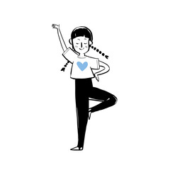 Positive Vibes, Woman Practicing Yoga Pose, Minimalist Notion Style Illustration.