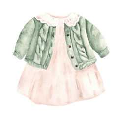 Obraz premium Baby girl dress and cardigan. Hand painted cute children winter clothes set. Watercolor illustration in vintage style isolated on a white background. For tags, baby shower invitations and greeting