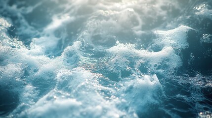Fototapeta premium A close-up view of shimmering ocean waves, with foamy bubbles creating a rich texture. Light dances on the surface, evoking a sense of refreshment and tranquil movement.
