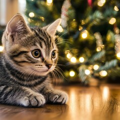 Adorable tabby kitten lying near a decorated Christmas tree with warm lights.