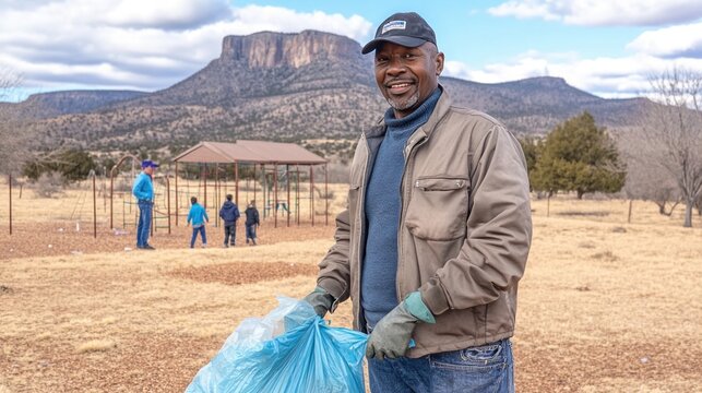Park worker collecting trash in a large blue bag, smiling and wearing gloves and a jacket, with children playing on a playground and a mountain in the background