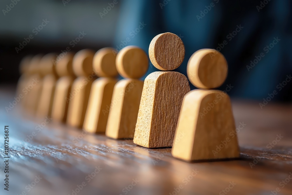 Poster wooden figurines arranged in a row on a rustic table surface