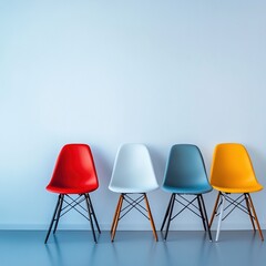 Four colorful empty chairs standing in front of a white wall in a modern and minimalist room create a sense of anticipation and possibility