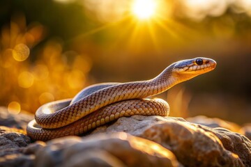 Fototapeta premium Serene Minimalist Shot of a Snake Relaxing in the Sunlight on a Smooth Rock Surface, Capturing the Essence of Nature and Tranquility in a Subtle, Elegant Composition