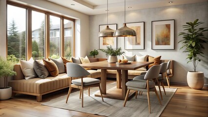 Serene Modern Dining Space Featuring Cozy Textures and Blank Wood-Framed Artwork, Perfect for Airy Ambiance and Stylish Interiors, Inviting Natural Light and Relaxation