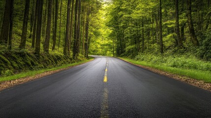Empty road through dense green forest with tall trees
