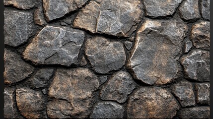 A close-up of a rustic stone wall, showcasing its rugged texture. Variations in gray and earthy tones highlight the natural beauty, creating a striking and sturdy visual effect.