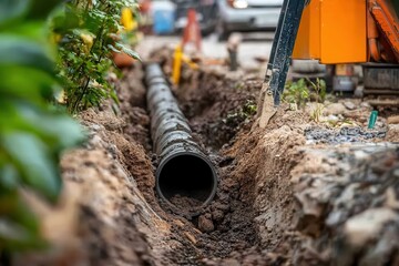 Fototapeta premium Large pipe being installed in a trench. Shows underground utility work in progress.