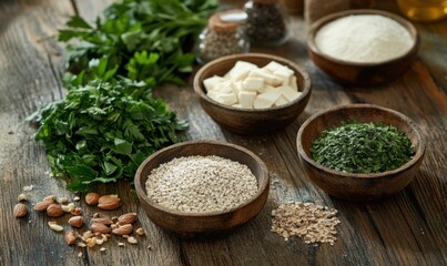 Rustic food ingredients on wooden table with fresh herbs and grains