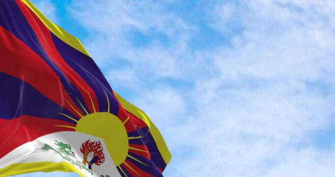 Close-up of Tiber flag waving in in the wind on a clear day. Chinese autonomous region. 3d illustration render. Selective focus