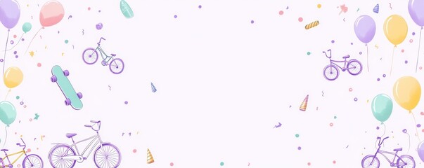 A playful design featuring bicycles, balloons, and confetti, perfect for celebrations.