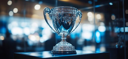 A shiny trophy displayed in a glass case, symbolizing achievement.