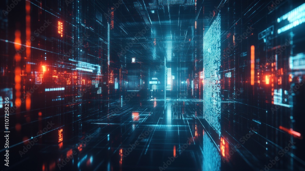 Aufkleber a futuristic digital environment with glowing data streams and holographic elements.