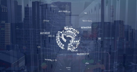 Image of network of connections and globe over server room