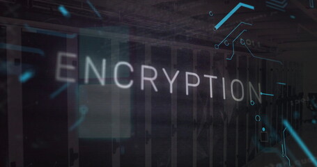 Image of network of connections and encryption text over server room