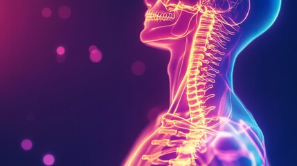 An abstract representation of the human musculoskeletal system with highlighted bones and muscles in neon colors against a dark background, macro shot, Minimalist style