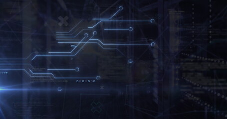 Image of network of connections and diagrams over server room