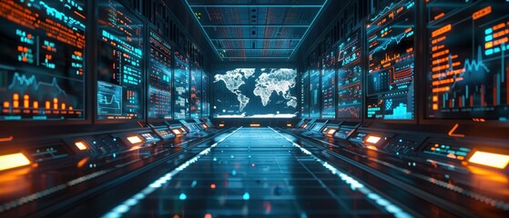 A futuristic data center with illuminated screens and a large world map, showcasing advanced technology and digital analytics.