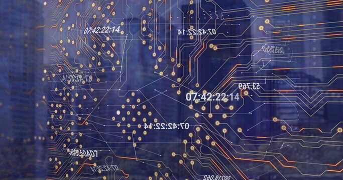 Image of network of connections and data processing over server room