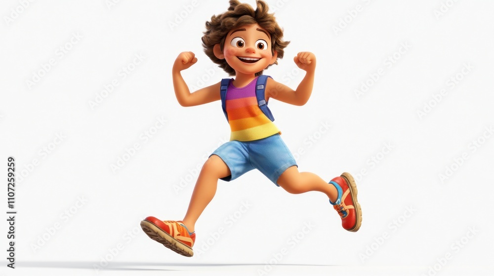 Poster a cheerful animated child in a colorful outfit, joyfully running with enthusiasm.