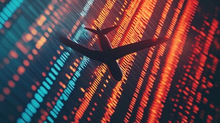 A silhouette of an airplane against a vibrant digital background of lights.