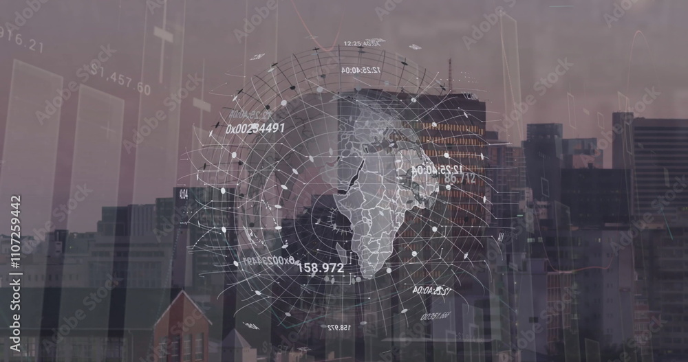 Poster image of globe with data and diagrams over cityscape