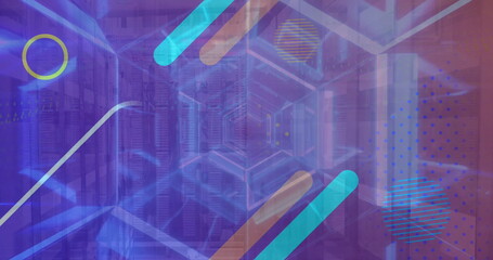 Image of shapes and digital tunnel over server room