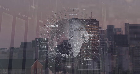 Image of globe with data and diagrams over cityscape