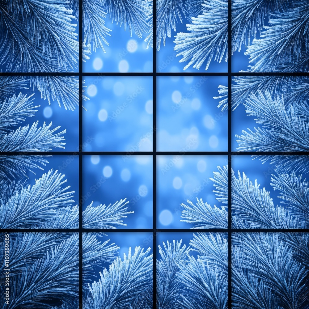 Poster frosty pine branches in a grid, bokeh background.