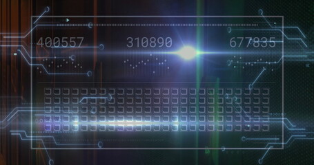 Image of network of connections and data processing over server room