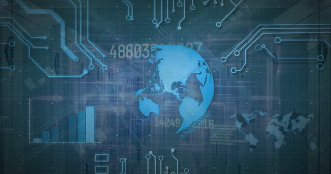 Image of network of connections and data processing with globe over server room