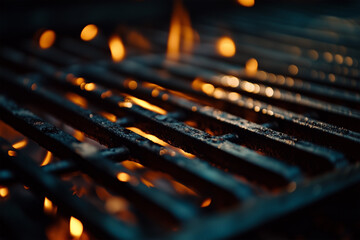 Portable BBQ Grill with Flames and Glowing Charcoal Embers on a Black Background – Perfect for Cooking and Grilling Concepts
