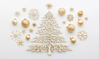 Fototapeta premium Decorative gold-themed Christmas tree arrangement with ornaments and snowflakes for festive display