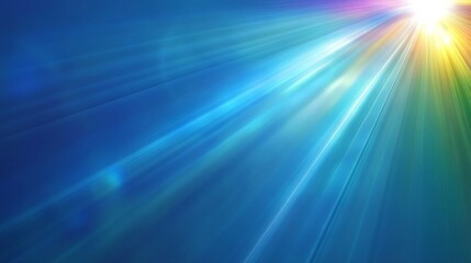 Fototapeta premium Radiant blue light rays emanate from a bright white source in the top right corner, blending with soft rainbow hues, creating a vibrant and ethereal effect against a deep blue background.