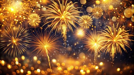 Naklejka premium Stunning Aerial View of Shimmering Golden Fireworks Exploding in the Night Sky with Sparkling Trails and a Dreamy Bokeh Background Creating a Festive Atmosphere