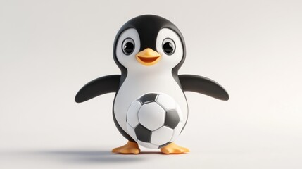 Obraz premium A cute cartoon penguin holding a soccer ball, symbolizing playfulness and sports.