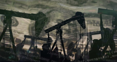 Image of financial data processing over oil rig and american dollar bill