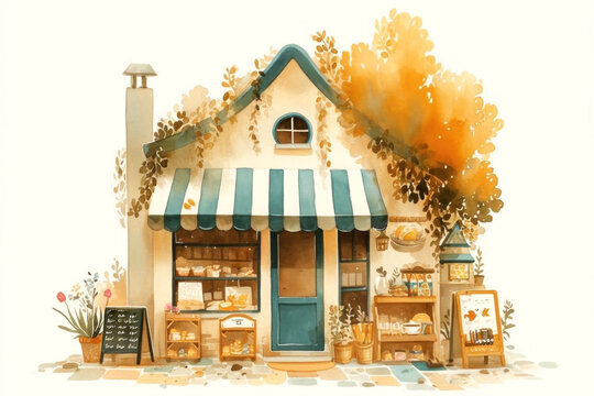 Charming watercolor illustration of a quaint bakery adorned with lush foliage