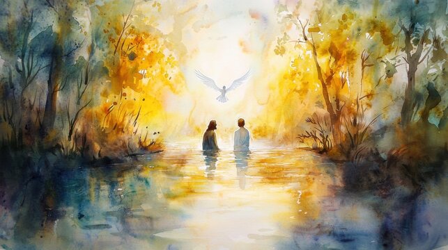 Watercolor painting depicting Jesus being baptized by John the Baptist in the Jordan River. A dove descends from the sky and the scene is bathed in soft golden light.