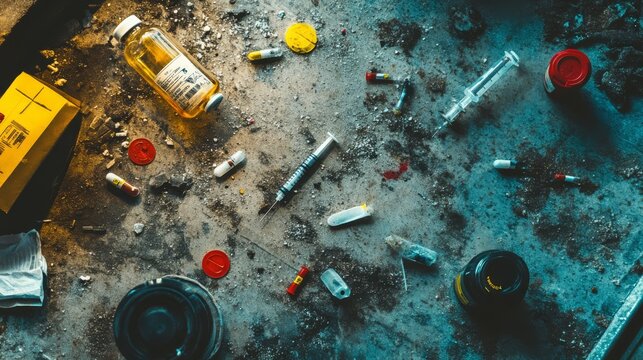 Scattered drug paraphernalia on a dirty floor.