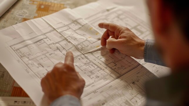 With blueprints in hand the architect points out key features and updates to the client during their site walkthrough.