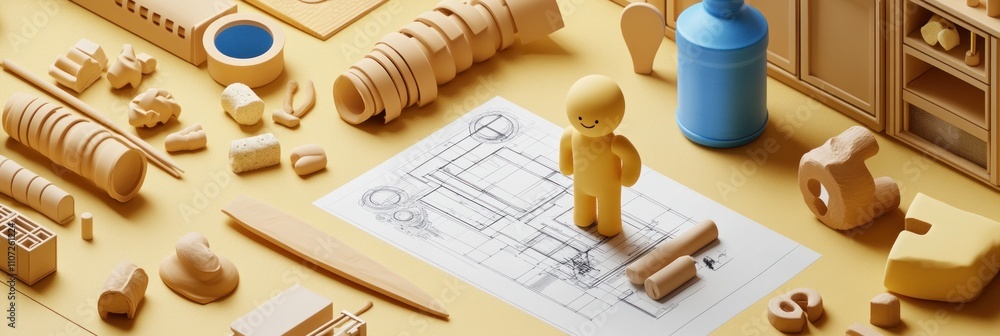 Aufkleber a playful scene featuring a yellow figure on a blueprint surrounded by various design elements.