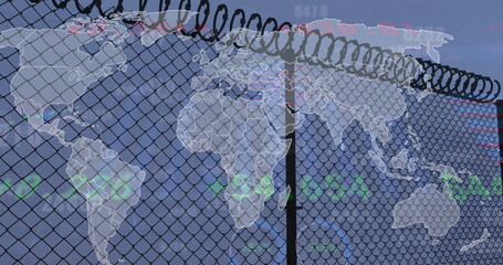 Image of financial data processing over fence and world map on blue background