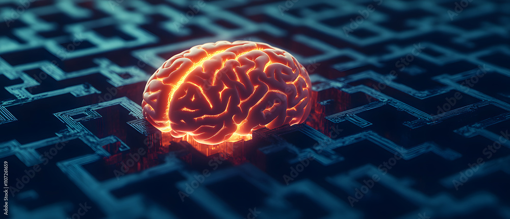 Aufkleber glowing brain navigating complex digital maze, artificial intelligence concept