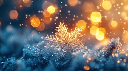 Fototapeta premium A close-up of a delicate snowflake resting on a frosty surface, surrounded by glowing bokeh lights, creating a magical winter atmosphere.