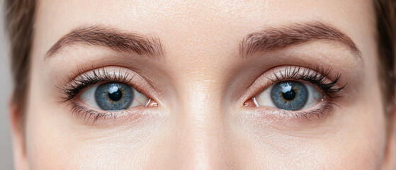 Obraz premium Surgery eyelid rejuvenation concept. Close-up of a woman's eyes, showcasing vibrant blue irises, well-groomed eyebrows, and delicate eyelashes against a neutral background.