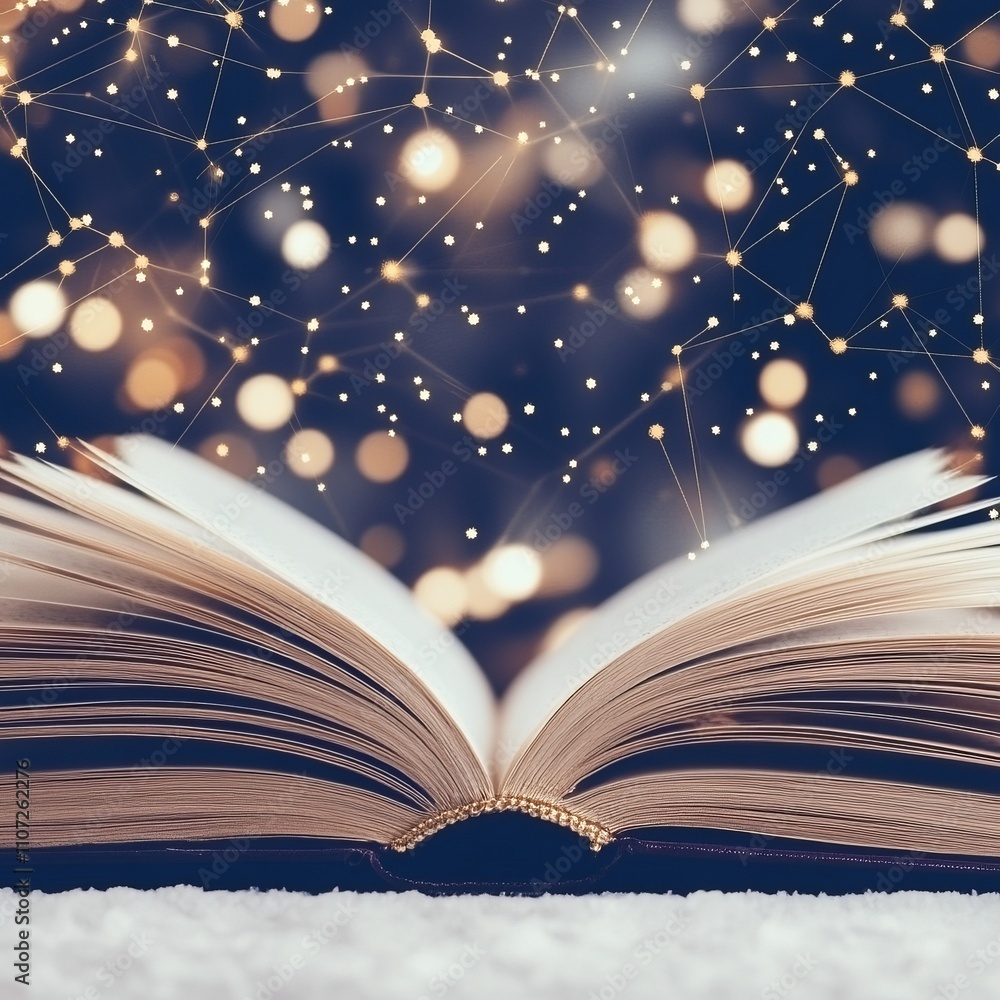 Poster open book with magical lights and bokeh effect.